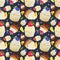 Watercolor seamless pattern of sweet cupcakes with fruits. Cliparts isolated for different cafe menu or food designs