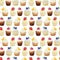 Watercolor seamless pattern of sweet cupcakes with fruits. Cliparts isolated for different cafe menu or food designs