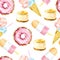 Watercolor seamless pattern sweet dessert and ice cream. Summer party pink food for digital paper or textile fabric