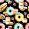 Watercolor seamless pattern sweets donats, candy, cupcake, desserts