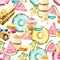 Watercolor seamless pattern sweets and exitic fruit. Summer illusration - donats, candy, cupcake, desserts