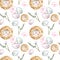 Watercolor seamless pattern with symbols of spring and Easter holiday, eggs, bird nest and tree branch on white background