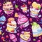 Watercolor seamless pattern with tasty desserts, cakes and berries. Colorful summer background. Original hand drawn