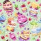 Watercolor seamless pattern with tasty desserts, cakes and berries. Colorful summer background. Original hand drawn