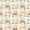 Watercolor seamless pattern with things for hiking. Mountains, tent, fire, backpack, boots, map and camera on a beige