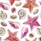Watercolor seamless pattern of topical shell, starfish and pebble