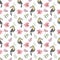 Watercolor seamless pattern with toucans, tropical flowers and leafs on white background