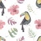 Watercolor seamless pattern with toucans, tropical flowers and leafs on white background