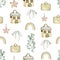 Watercolor seamless pattern with toy suitcase eucalyptus star bow rainbow