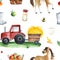 Watercolor seamless pattern with tractor,fruit,horse,boots,wheat,egg