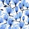 Watercolor seamless pattern with transparent blue magnolias. transparent flowers of blue color on a white background, x-ray. vinta