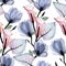 Watercolor seamless pattern with transparent tropical flowers and leaves of kala and magnolia. a delicate, delicate print in paste