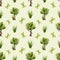 Watercolor seamless pattern with trees and butterfly. Natural forest pattern with mushrooms and butterfly.