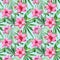 Watercolor seamless pattern tropical leaves and flowers, jungle background.