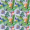 Watercolor seamless pattern tropical leaves, hummingbird and flowers, jungle background.