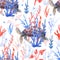 Watercolor seamless pattern with turtles and seaweeds on white background