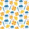 Watercolor seamless pattern with umbrellas, clouds and rain. Cute hand painted illustration on white background. Seasonal autumn