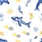 Watercolor seamless pattern with underwater creatures, shark, dolphin, fish, algae, corals