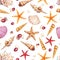 Watercolor seamless pattern with underwater life objects.