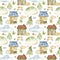 Watercolor seamless pattern with urban cartoon cute rustic landscape.