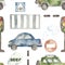 Watercolor seamless pattern with urban cartoon cute transport. Texture for boyi