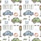 Watercolor seamless pattern with urban cartoon cute transport. Texture for boyi