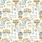 Watercolor seamless pattern with urban cartoon cute transport. Texture for boyish design, birthday, wallpaper, scrapbooking, print