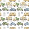 Watercolor seamless pattern with urban cartoon cute transport. Texture for boyish design, birthday, wallpaper, scrapbooking, print