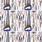 Watercolor seamless pattern with a variety of tools for repair. Pliers, hammer, saw, screwdrivers, protective gloves, nails, screw