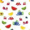 Watercolor seamless pattern with various berries and fruits. For the design of posters and fabrics