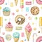 Watercolor seamless pattern with various bright sweets