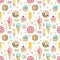 Watercolor seamless pattern with various bright sweets