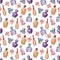 Watercolor seamless pattern with various perfume bottles and cosmetics