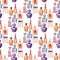 Watercolor seamless pattern with various perfume bottles and cosmetics