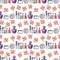 Watercolor seamless pattern with various perfume bottles and cosmetics