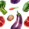 Watercolor seamless, pattern vegetables set with eggplant broccoli tomatoes