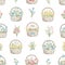 Watercolor seamless pattern with vintage colorful baskets with easter eggs, flowers, bouquets and bows