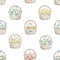 Watercolor seamless pattern with vintage colorful baskets with easter eggs, flowers and bows