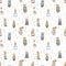 Watercolor seamless pattern with vintage cute animals in clothes and dried flowers