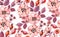 Watercolor seamless pattern. Vintage flowers in Marsala and Maroon Blush Wine colours. Autumn background. Pink rose hip