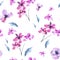 Watercolor Seamless Pattern of Vintage Tiny Magenta Flowers, Wildflowers