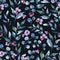 Watercolor Seamless Pattern of Vintage Tiny Magenta Flowers, Wildflowers. Natural Pink Floral Texture on Black Background