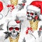 Watercolor seamless pattern waffle cones with sketchy skulls in Santa hat, snowfalkes, leaves. . Cretive New Year