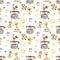 Watercolor seamless pattern with well, bucket, cat, dog, rooster, sunflower on a white background