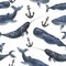 Watercolor seamless pattern with whales and anchor. Illustration with blue whales, cachalot and narwhal isolated on white