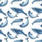 Watercolor seamless pattern with whales, jellyfish, sperm whale, narwhal.