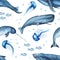 Watercolor seamless pattern with whales, jellyfish, sperm whale, narwhal.