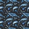 Watercolor seamless pattern with whales, jellyfish, sperm whale, narwhal.