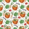 Watercolor seamless pattern with whicker basket with harvest of vegetables