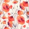 Watercolor seamless pattern with wild red poppies, vintage background